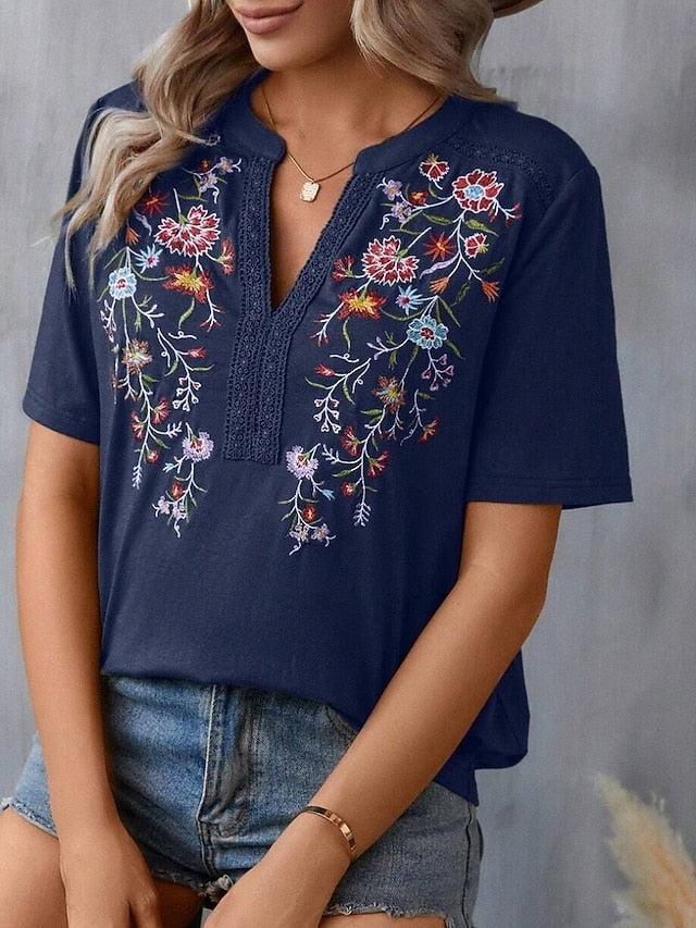 Women's Shirt Blouse Embroidered Floral Stylish Casual