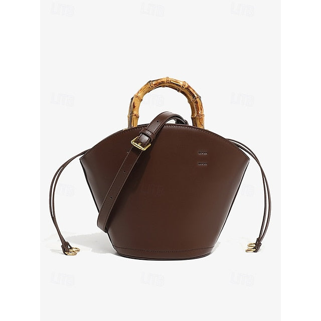 Sac seau en bambou avec anse en cuir pour femme, marron