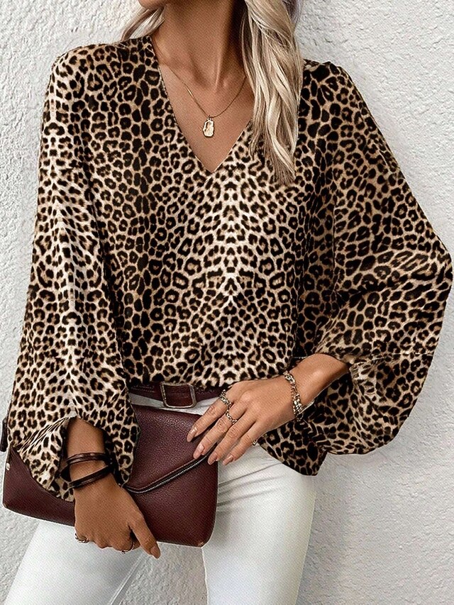 Women's Blouse Print Leopard Stylish Casual Long Sleeve V