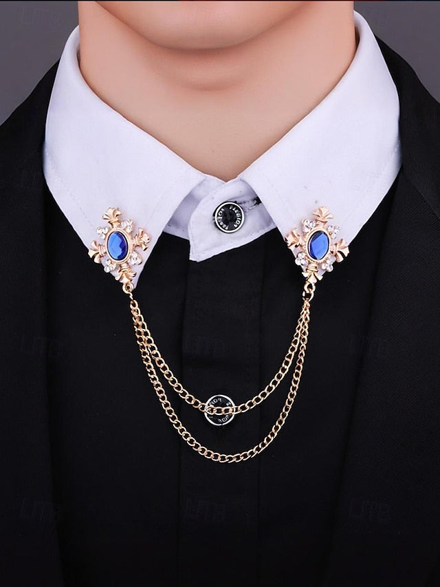 Double Collar Chain Elegant Gem Vintage Brooch Blue –