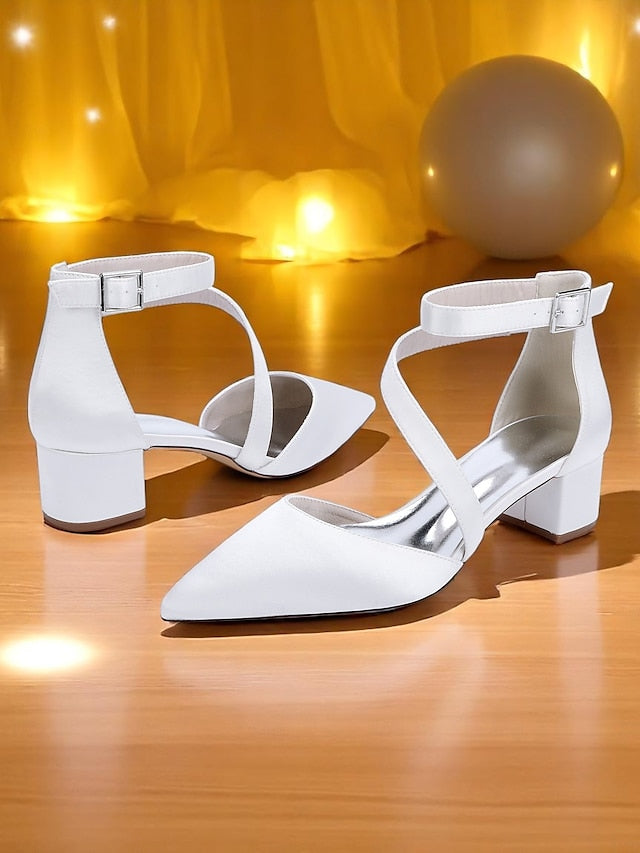 Women's Pointed Heels Toe Satin Block Champagne -