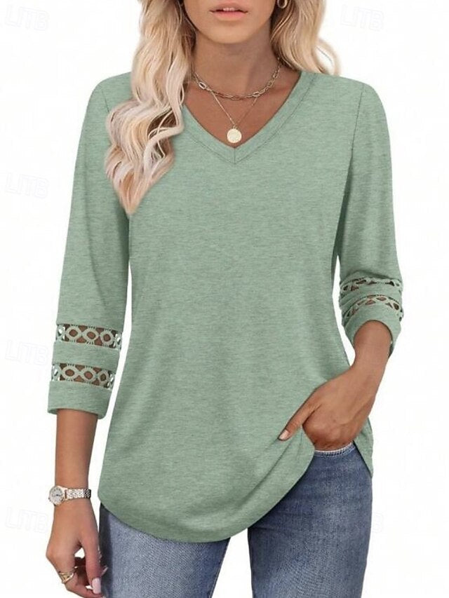 Women's T Shirt Eyelet Plain Casual Long Sleeve V Neck