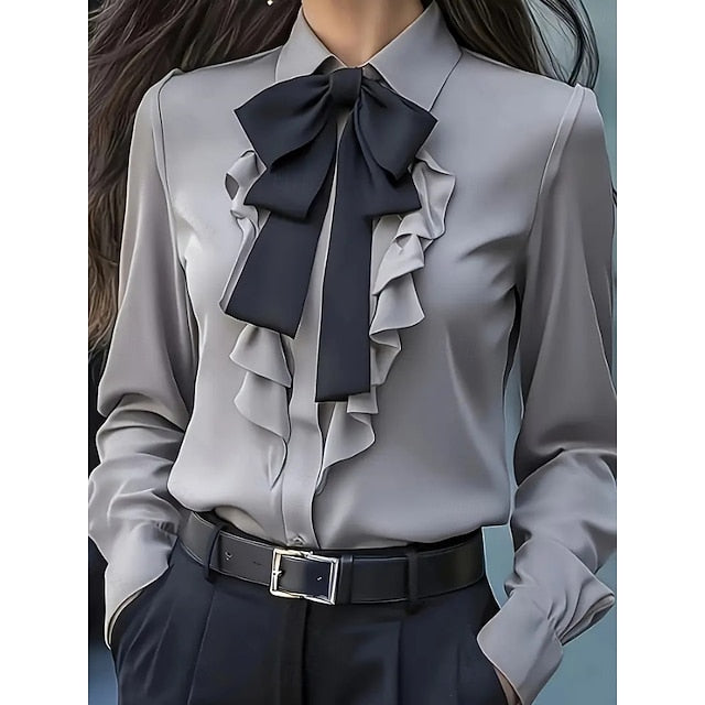 Women's Dress Shirt Blouse Ruffle Bow Solid Color Elegant