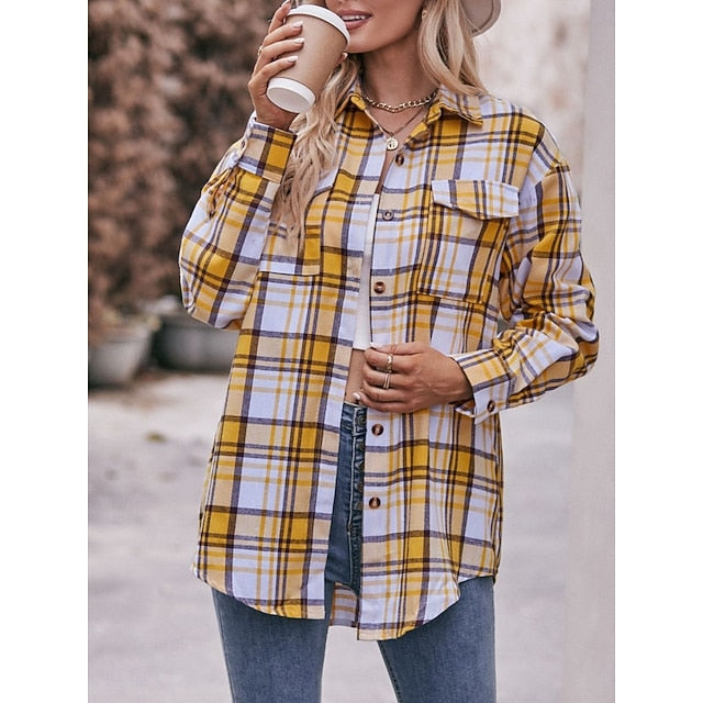 Women's Shirt Pocket Buttons Print Plaid Vintage Tropical