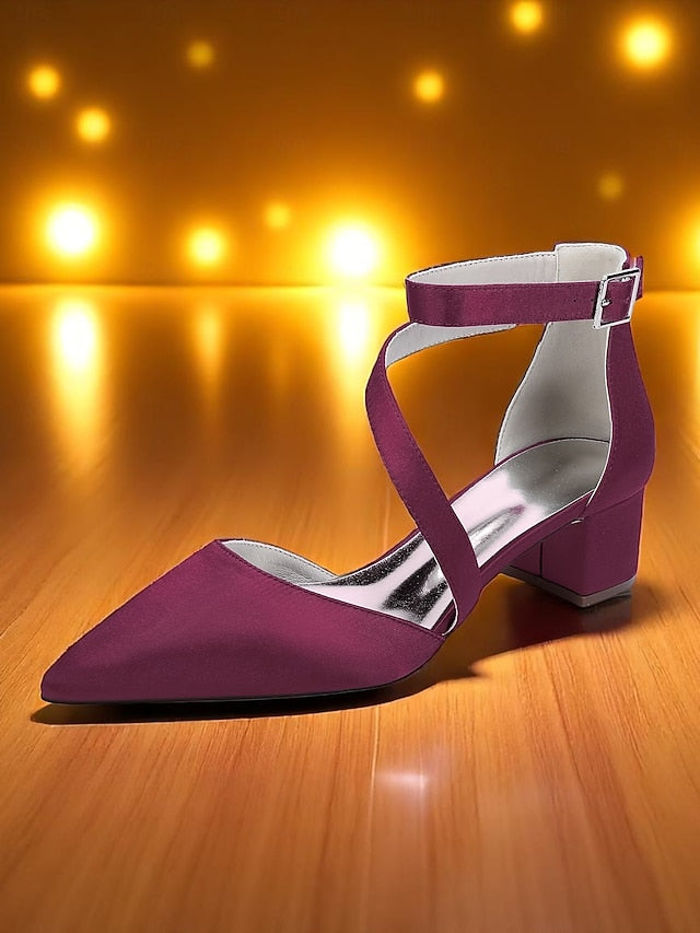 Women's Pointed Heels Toe Satin Block Champagne -