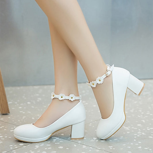 Flower with Ankle Daisy Heel Block Shoes White Girls'