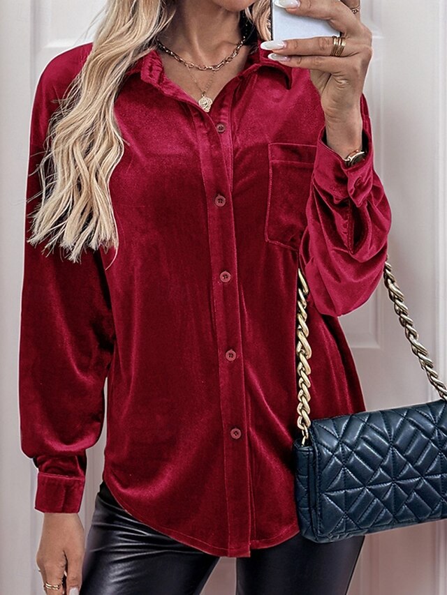 Women's Dress Shirt Button Up Shirt Blouse Velvet Blouse
