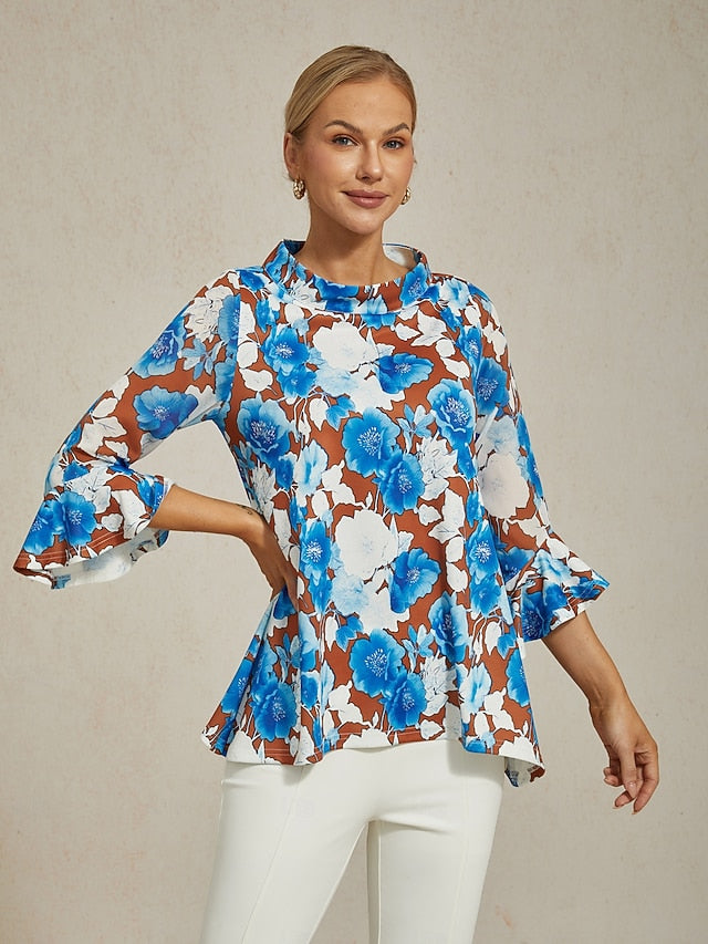 Women's Blouse Twisted Roman Chiffon Splice Blue Floral