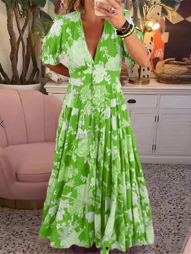 Women's Casual Dress Swing Dress Floral Print V Neck Midi