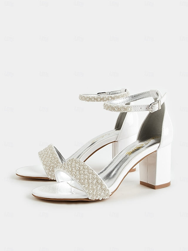 Ivory Strap Ankle Pearl-Embellished Heels for with Open-Toe