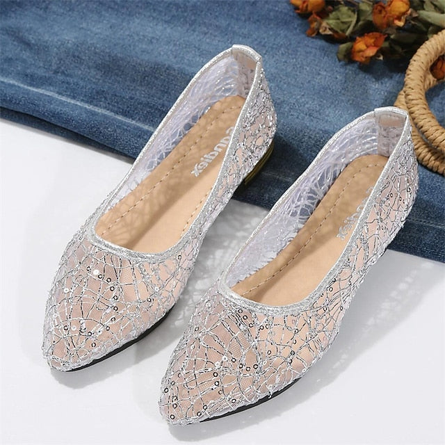 Women's Elegant Sequin Silver Ballet – Mesh Flats