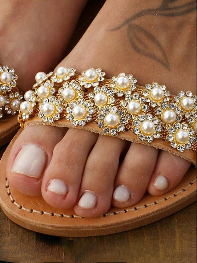 Beaded Sandals Boho Floral Ankle Chic with Straps Flat for