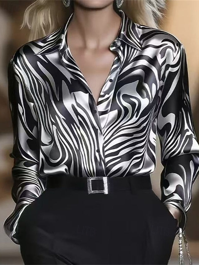Women's Shirt Elegant Satin Top Blouse Ruched Buttons Print