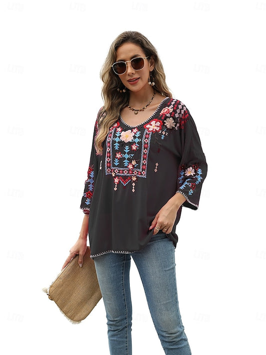 Women's Boho Shirt Embroidered Solid Color Floral Bohemia