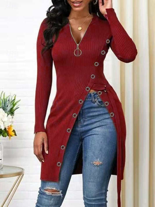 Women's Blouse Zipper Buttons Solid Color Stylish Casual