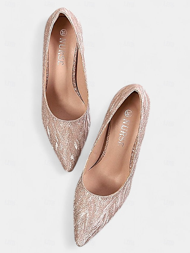 with Glitter Toe Pointed Champagne Stiletto Heels Women's