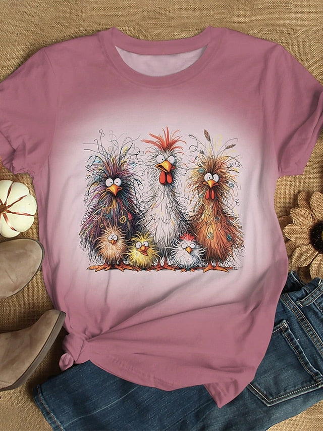Women's T Shirt Print Ombre Graphic Rooster Vintage Stylish