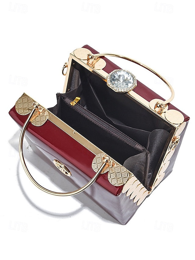 Evening Handbag Patent Burgundy with Leather Women's Gold