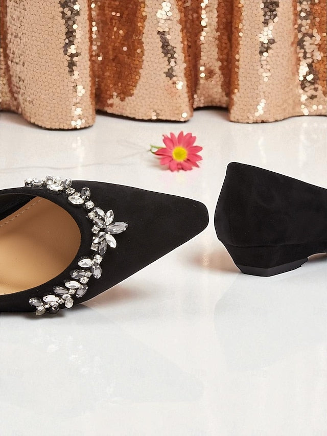 Women's Black Toe Rhinestone Suede Flats with Pointed