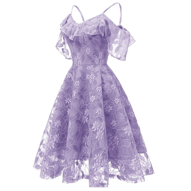 A-Line Knee Length Prom Dresses Elegant Vintage Short Sleeve V