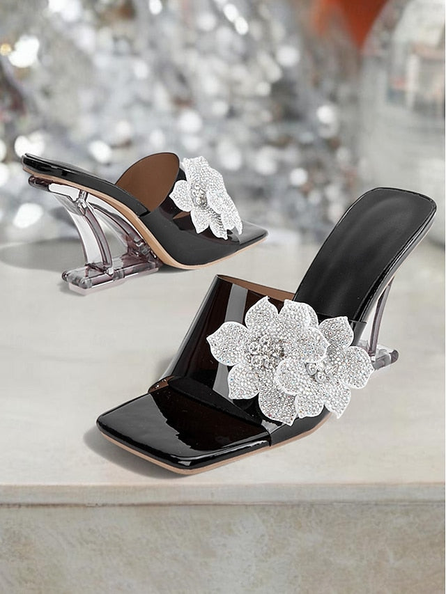 Leather Mules Women's Black Patent with Flower Rhinestone