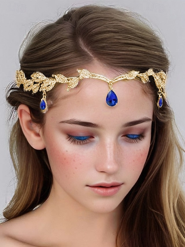 Headpiece – Blue Gemstone with Leaf Drops Vintage Gold