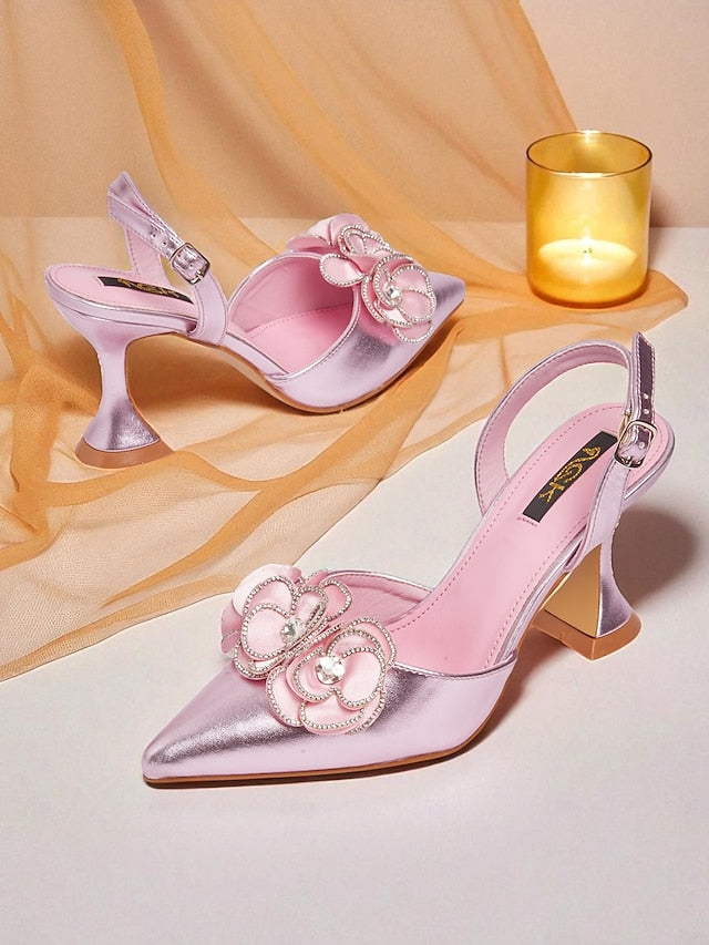 Satin Pointed with Women's Pink Heels Floral Toe