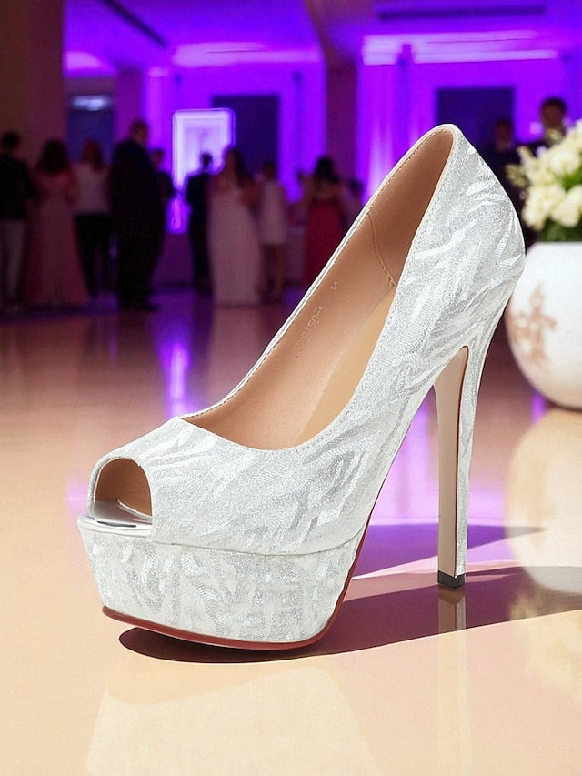 Pattern Heels Peep-Toe Silver Subtle Platform with Women's
