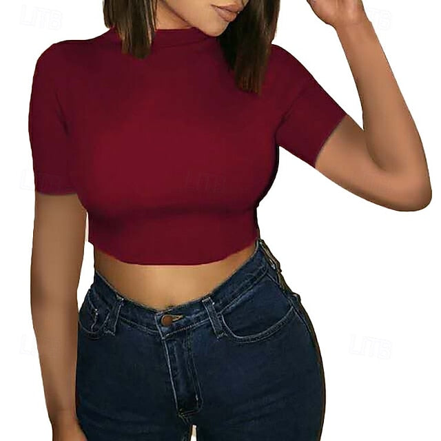 Women's Wrap Crop Top Plain Stylish Short Sleeve Crew Neck