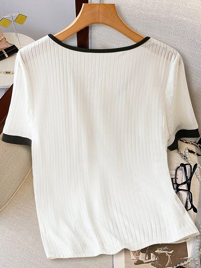 Women's Summer Tops Blouse Patchwork Buttons Color Block