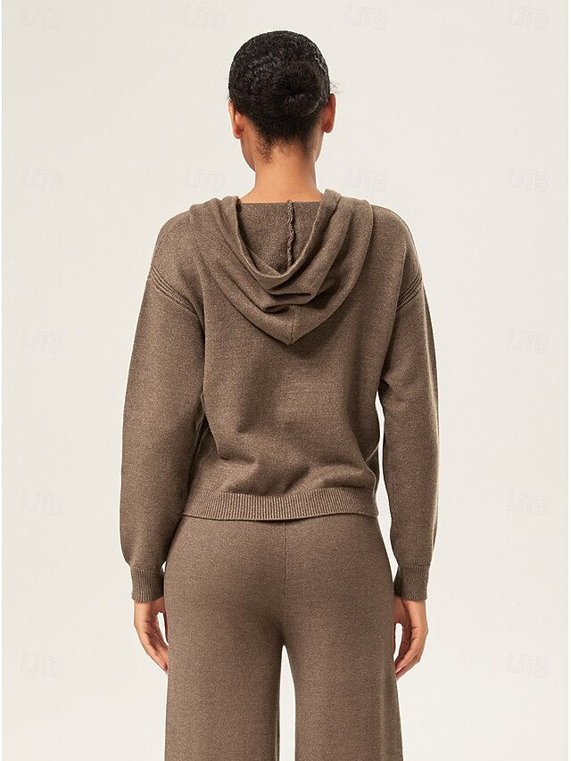Women's Coffee Brown Hooded Zip-Up Sweater Drop Shoulder
