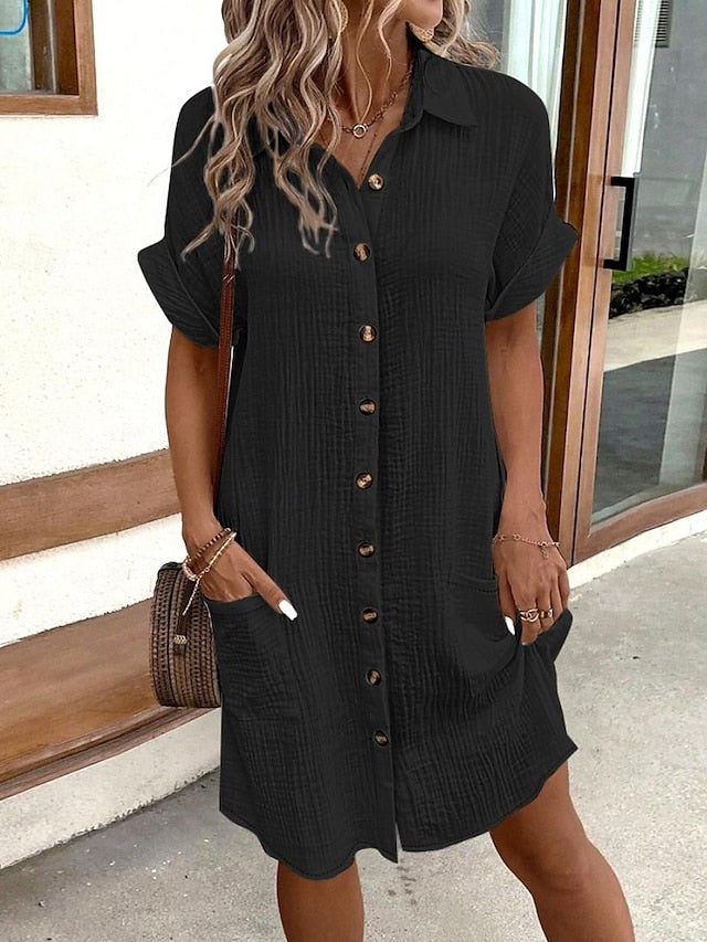 Women's Mini Dress Faux Cotton Linen Dresses Shirt Dress