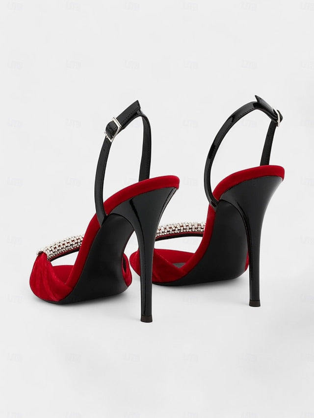 Accent Velvet Stiletto Heels Red Rhinestone with Bold –