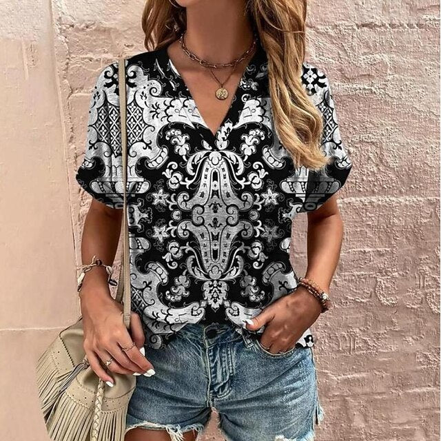 T shirt Tee Women's Black+white+grey Yellow Red Geometic