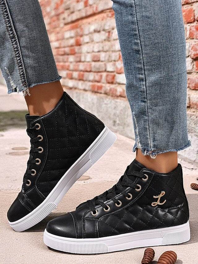 Women's White Quilted High-Top Sneakers, Fashion Lace-Up