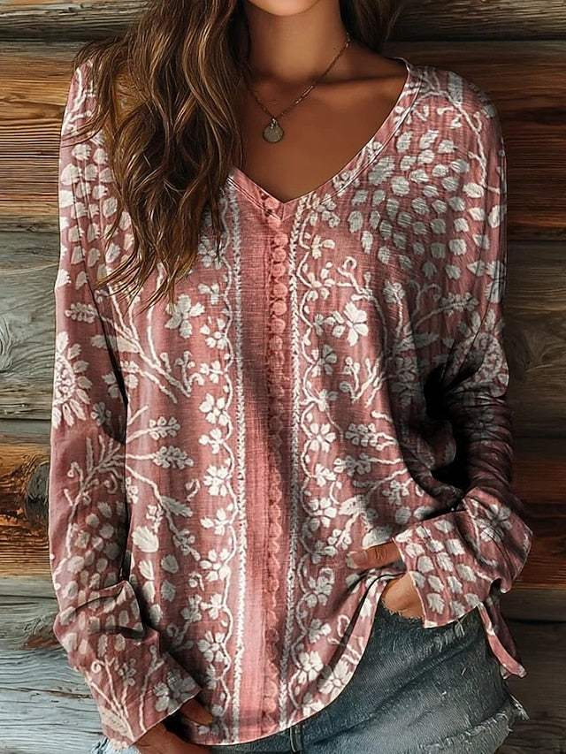 Women's Boho T shirt Long Sleeve Floral Graphic Plants