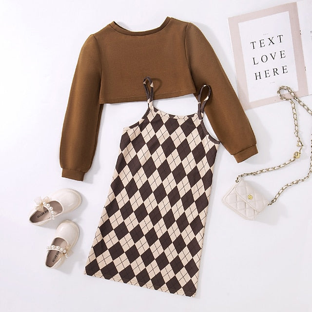 Color Block Pieces Long Girls' Suits Set Dress Kids 2