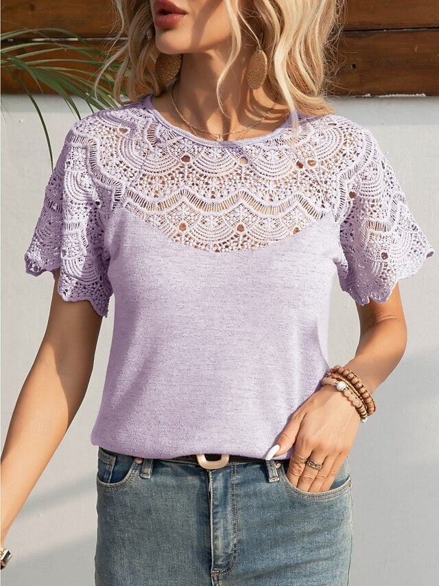 Women's Lace Tops Lace Patchwork Solid Color Stylish Casual