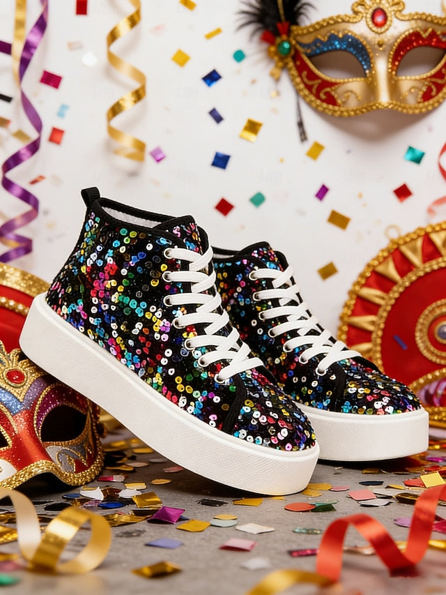 Women's Mardi Gras Black Colorful Sequin High-Top Sneakers