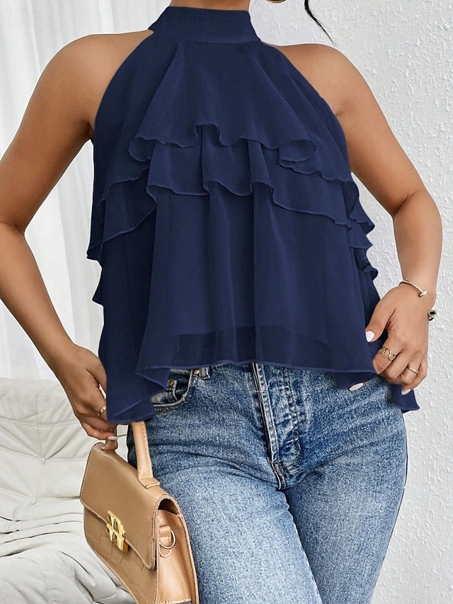 Women's Tank Top Tee Top Ruffle Solid Color Elegant Fashion