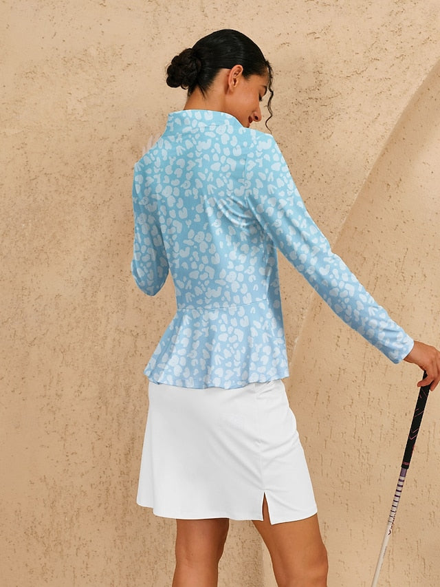 Women's Golf Polo Shirt Light Blue Long Sleeve Top Ladies