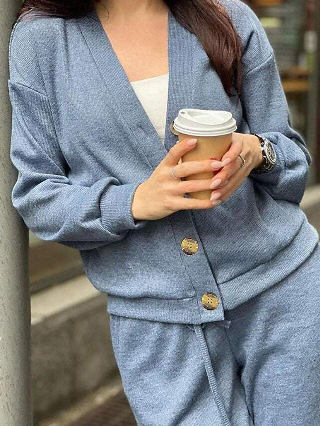 Women's Blouse Pants Sets Long Sleeve V Neck Solid Color