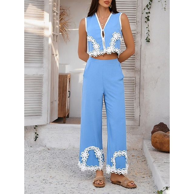Women's Shirt Pants Sets Sleeveless V Neck Solid Color Lace