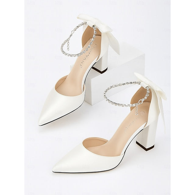Pumps Pointed - Toe Heel Women's Satin Block Elegant Ankle