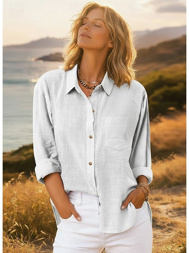 Women's Shirt Button Up Blouse Long Cotton Top Pocket