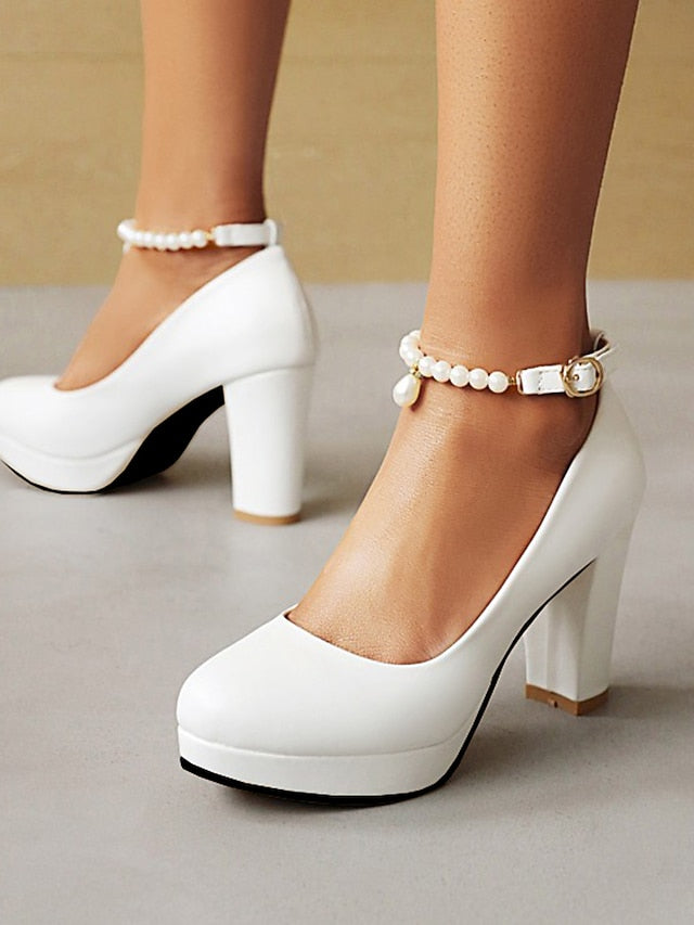 Strap Ankle Women's Heel Pearl High Pumps with – White