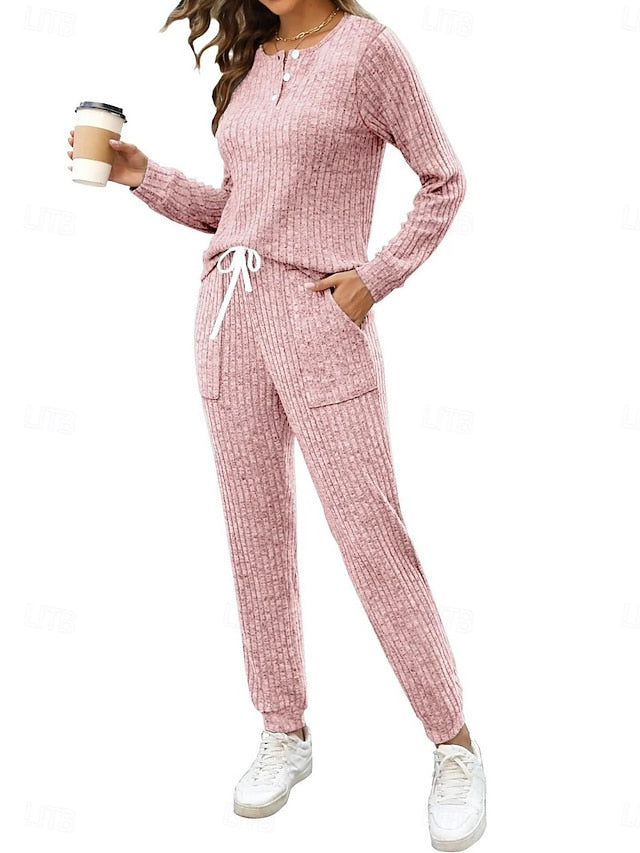 Women's Pants Sets Long Sleeve Crew Neck Solid Color