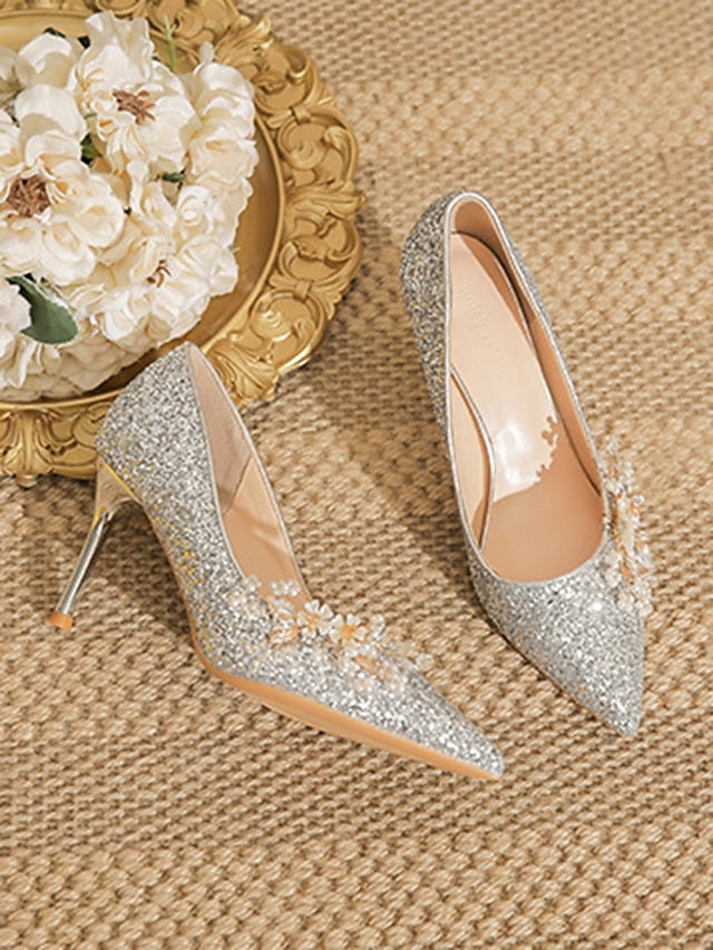 Heels Floral Silver with Women's Glitter Stiletto