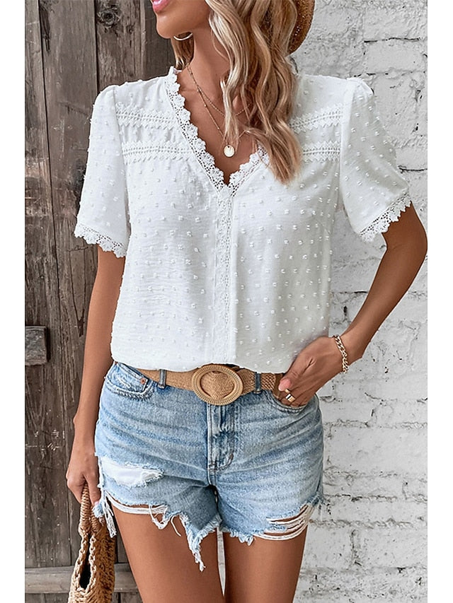 Women's T Shirt Lace Solid Color Fashion Short Sleeve V