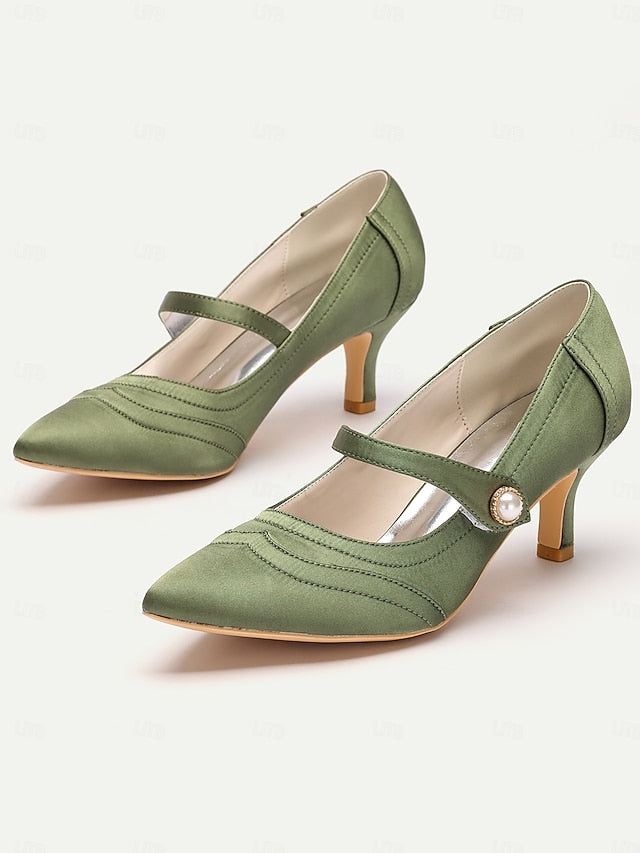 Jane Button Satin - with Heels Pearl Green Mary Elegant